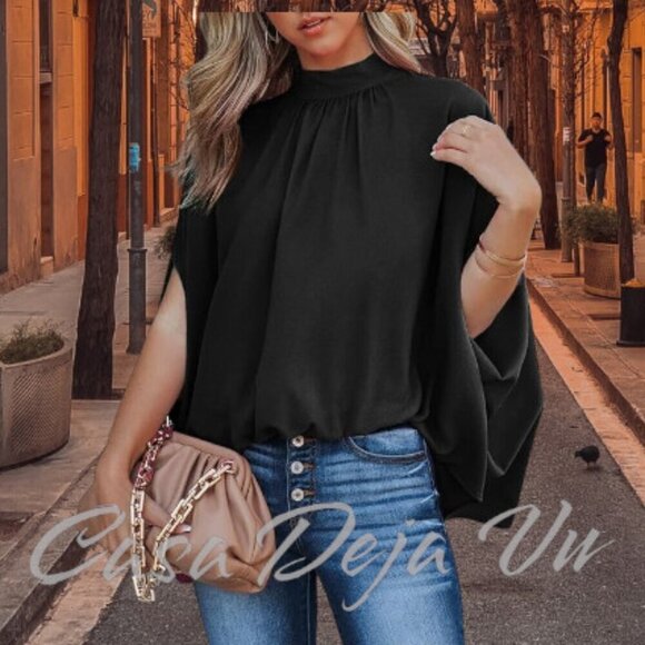 Satin Silky Mock Neck Batwing Dolman Sleeve Pleated Oversize Drapery Blouse - Picture 5 of 10